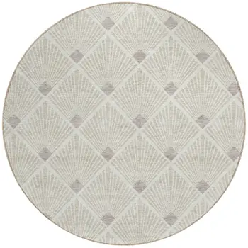 8' Beige And Ivory Round Geometric Washable Indoor Outdoor Area Rug