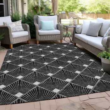 3' X 5' Black Gray And Ivory Geometric Washable Indoor Outdoor Area Rug