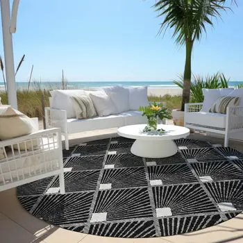 8' Black Gray And Ivory Round Geometric Washable Indoor Outdoor Area Rug