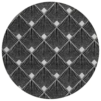 8' Black Gray And Ivory Round Geometric Washable Indoor Outdoor Area Rug