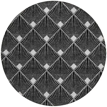 8' Black Gray And Ivory Round Geometric Washable Indoor Outdoor Area Rug