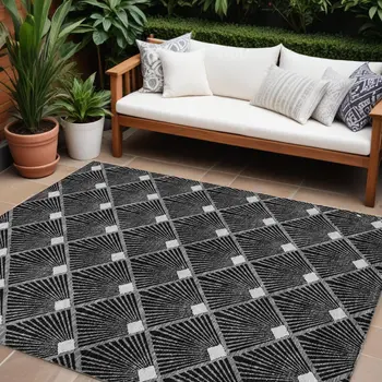 10' X 14' Black Gray And Ivory Geometric Washable Indoor Outdoor Area Rug