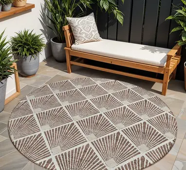 8' Brown And Beige Round Geometric Washable Indoor Outdoor Area Rug