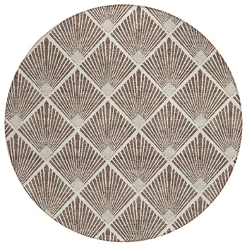 8' Brown And Beige Round Geometric Washable Indoor Outdoor Area Rug