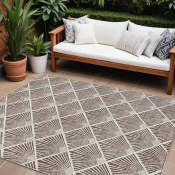 10' X 14' Brown And Beige Geometric Washable Indoor Outdoor Area Rug