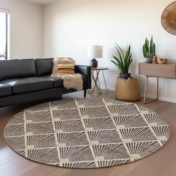 8' Brown And Beige Round Geometric Washable Indoor Outdoor Area Rug