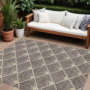 10' X 14' Brown And Beige Geometric Washable Indoor Outdoor Area Rug