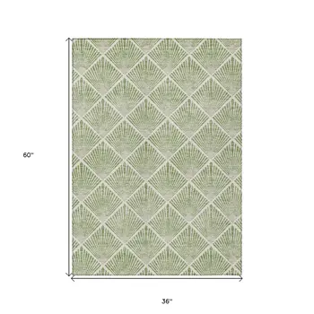 3' X 5' Green Beige And Ivory Geometric Washable Indoor Outdoor Area Rug