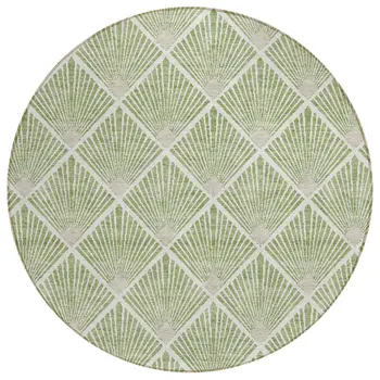 8' Green Beige And Ivory Round Geometric Washable Indoor Outdoor Area Rug