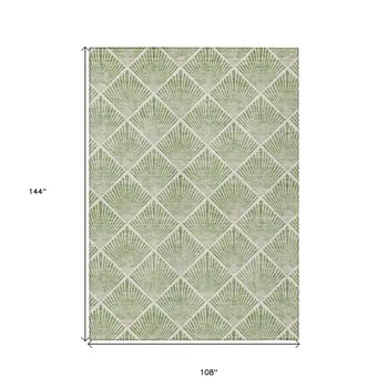 9' X 12' Green Beige And Ivory Geometric Washable Indoor Outdoor Area Rug