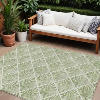 10' X 14' Green Beige And Ivory Geometric Washable Indoor Outdoor Area Rug