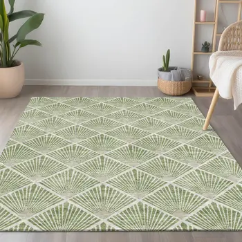 10' X 14' Green Beige And Ivory Geometric Washable Indoor Outdoor Area Rug