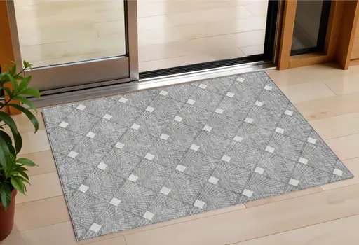 3' X 5' Gray And Ivory Geometric Washable Indoor Outdoor Area Rug