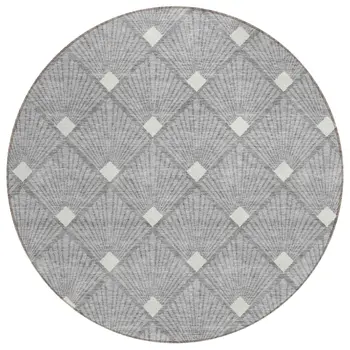 8' Gray And Ivory Round Geometric Washable Indoor Outdoor Area Rug