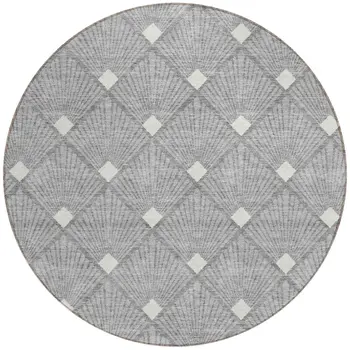 8' Gray And Ivory Round Geometric Washable Indoor Outdoor Area Rug