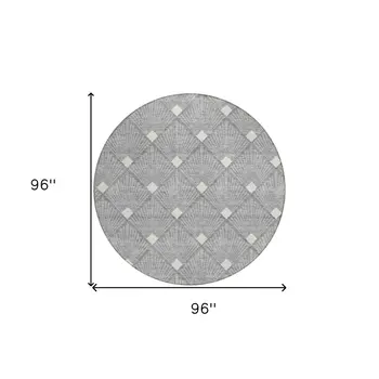 8' Gray And Ivory Round Geometric Washable Indoor Outdoor Area Rug