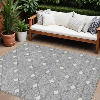 9' X 12' Gray And Ivory Geometric Washable Indoor Outdoor Area Rug