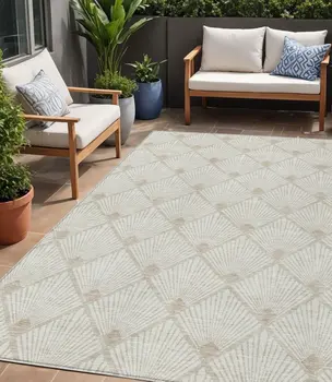 5' X 8' Ivory And Beige Geometric Washable Indoor Outdoor Area Rug