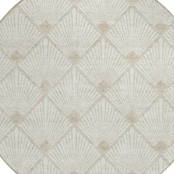 8' Ivory And Beige Round Geometric Washable Indoor Outdoor Area Rug