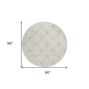 8' Ivory And Beige Round Geometric Washable Indoor Outdoor Area Rug