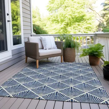 5' X 8' Navy Blue Gray And Ivory Geometric Washable Indoor Outdoor Area Rug