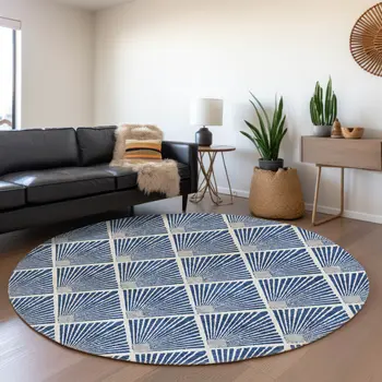 8' Navy Blue Gray And Ivory Round Geometric Washable Indoor Outdoor Area Rug