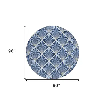 8' Navy Blue Gray And Ivory Round Geometric Washable Indoor Outdoor Area Rug