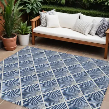 9' X 12' Navy Blue Gray And Ivory Geometric Washable Indoor Outdoor Area Rug