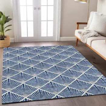 9' X 12' Navy Blue Gray And Ivory Geometric Washable Indoor Outdoor Area Rug