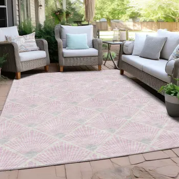 9' X 12' Pink Gray And Ivory Geometric Washable Indoor Outdoor Area Rug