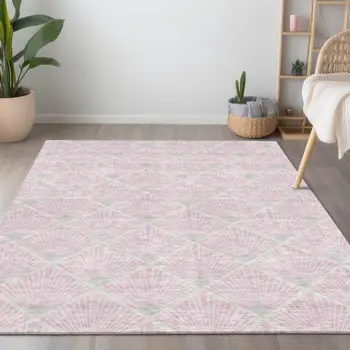 9' X 12' Pink Gray And Ivory Geometric Washable Indoor Outdoor Area Rug