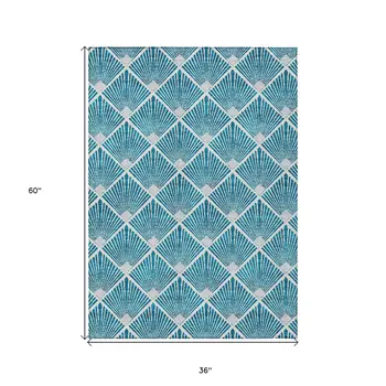3' X 5' Teal Blue And Ivory Geometric Washable Indoor Outdoor Area Rug