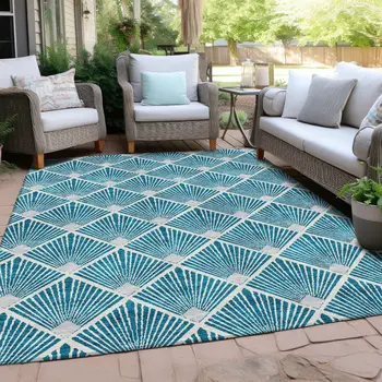 3' X 5' Teal Blue And Ivory Geometric Washable Indoor Outdoor Area Rug