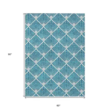 5' X 8' Teal Blue And Ivory Geometric Washable Indoor Outdoor Area Rug