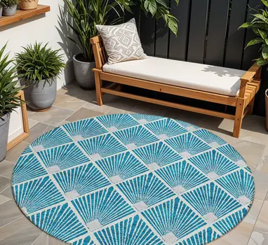 8' Teal Blue And Ivory Round Geometric Washable Indoor Outdoor Area Rug