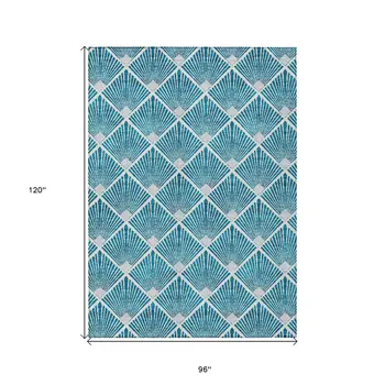 8' X 10' Teal Blue And Ivory Geometric Washable Indoor Outdoor Area Rug