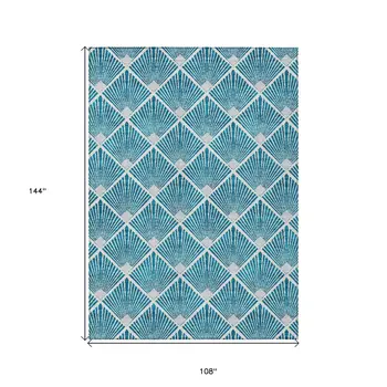 9' X 12' Teal Blue And Ivory Geometric Washable Indoor Outdoor Area Rug