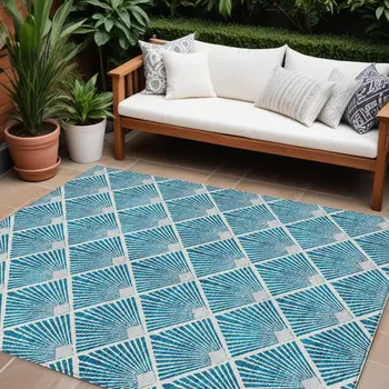 9' X 12' Teal Blue And Ivory Geometric Washable Indoor Outdoor Area Rug
