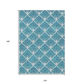10' X 14' Teal Blue And Ivory Geometric Washable Indoor Outdoor Area Rug