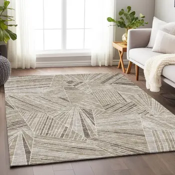 5' X 8' Beige Brown And Ivory Geometric Washable Indoor Outdoor Area Rug