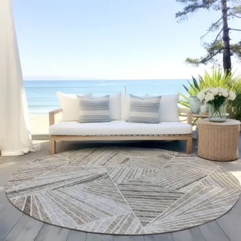 8' Beige Brown And Ivory Round Geometric Washable Indoor Outdoor Area Rug