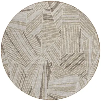 8' Beige Brown And Ivory Round Geometric Washable Indoor Outdoor Area Rug