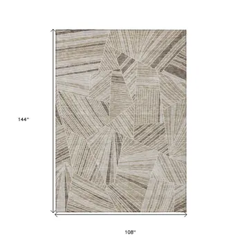9' X 12' Beige Brown And Ivory Geometric Washable Indoor Outdoor Area Rug