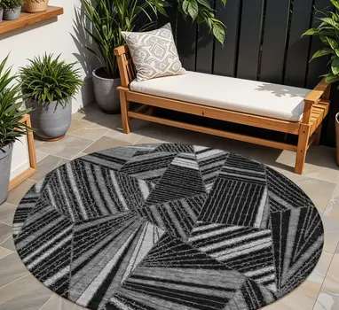 8' Black And Gray Round Geometric Washable Indoor Outdoor Area Rug