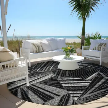8' Black And Gray Round Geometric Washable Indoor Outdoor Area Rug