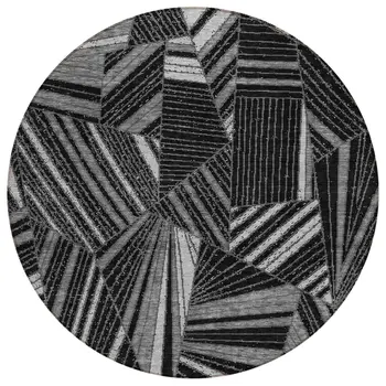 8' Black And Gray Round Geometric Washable Indoor Outdoor Area Rug