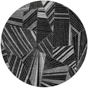 8' Black And Gray Round Geometric Washable Indoor Outdoor Area Rug