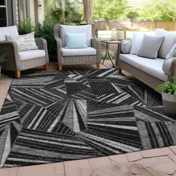 8' X 10' Black And Gray Geometric Washable Indoor Outdoor Area Rug