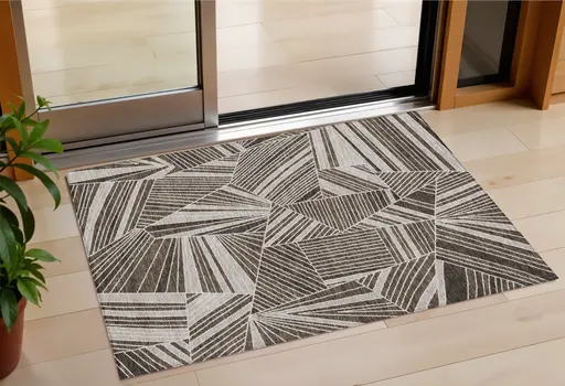 3' X 5' Brown And Beige Geometric Washable Indoor Outdoor Area Rug