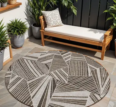8' Brown And Beige Round Geometric Washable Indoor Outdoor Area Rug